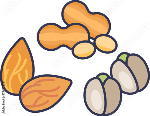 Illustration of almonds, peanuts, and pistachios representing healthy snacks and nutritious nuts.