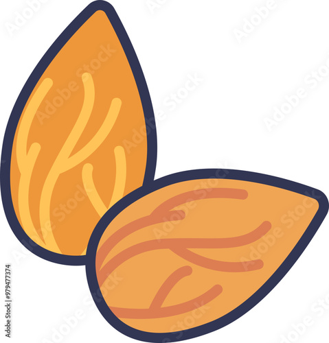 Illustration of two almonds, highlighting their shape and texture, symbolizing healthy snacks and nutritious food.