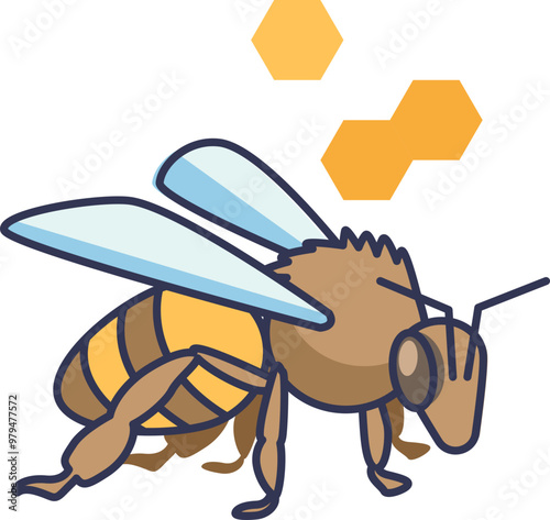 Illustration of a bee with honeycomb icons, symbolizing beekeeping, honey production, and nature's pollinators.