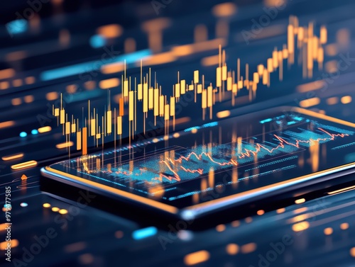 smartphone displaying a live stock market chart, surrounded by digital data and code. The scene symbolizes the power of technology in modern finance and the rise of mobile trading.