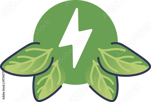 A green circle with a white lightning bolt symbol, surrounded by four green leaves, representing bioenergy and sustainability.
