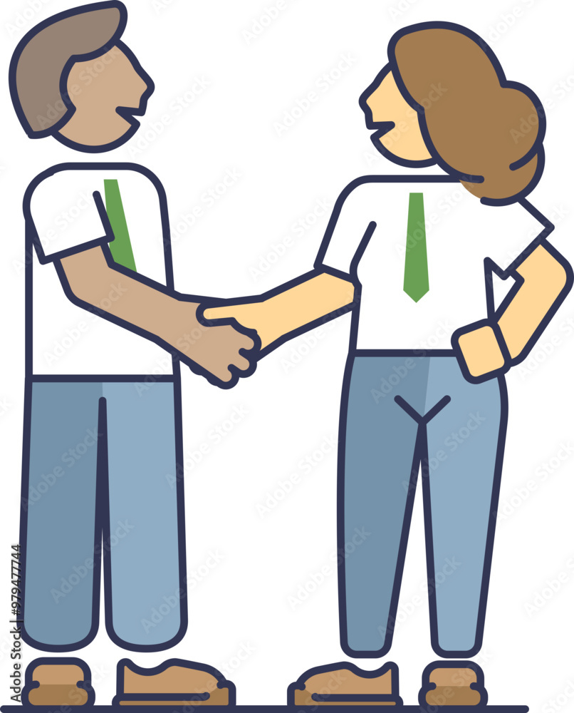 Illustration of a businessman and businesswoman shaking hands, symbolizing agreement, partnership, and collaboration.
