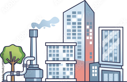 Illustration of buildings with geothermal cooling and heating systems, featuring a tree, pipes, and a chimney.