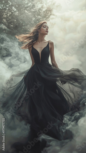 A woman in a black dress is standing in front of a cloud of smoke. The smoke is thick and hazy, giving the scene a mysterious and ethereal atmosphere. The woman's long