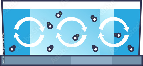 Illustration of a clarifying tank showing water flow and particle separation.