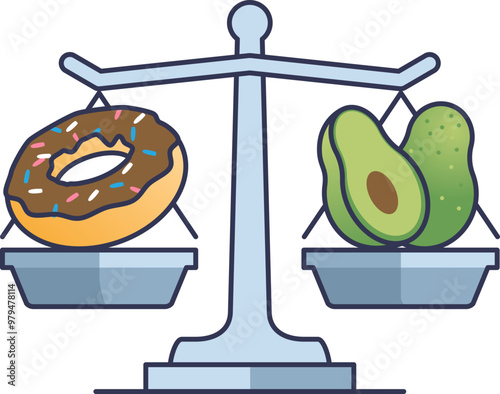 A scale weighing a donut against avocados, symbolizing the comparison between unhealthy and healthy food choices.