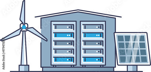 Illustration of a data center powered by renewable energy sources, featuring wind turbines and solar panels.