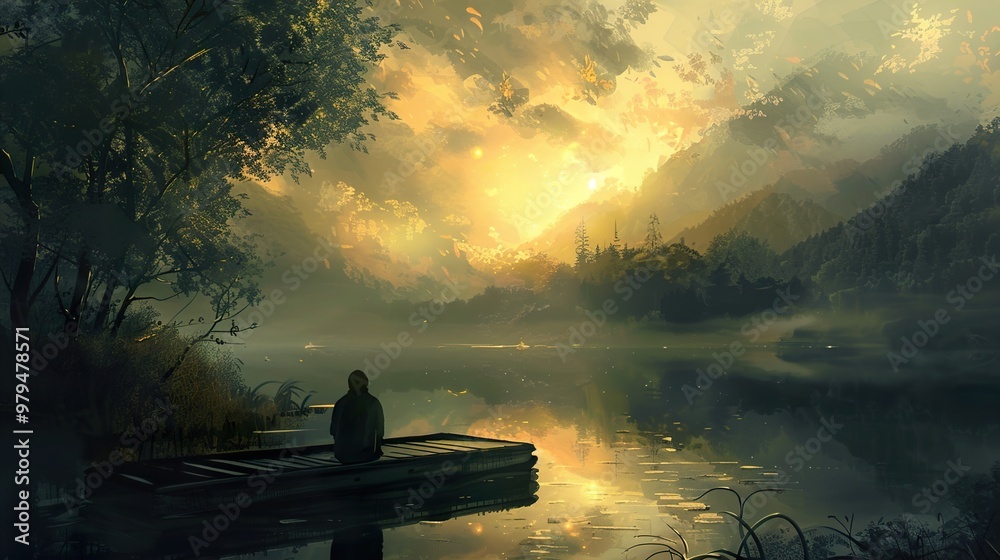 A lone figure sits on a wooden dock overlooking a serene lake, with a stunning sunset illuminating the misty mountain peaks in the distance. A lone figure sits on a wooden dock overlooking a serene lake, with a stunning sunset illuminating the misty mountain peaks in the distance.