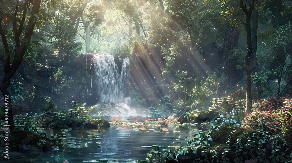 Sunbeams illuminate a lush, verdant forest with a cascading waterfall and a serene pond. Sunbeams illuminate a lush, verdant forest with a cascading waterfall and a serene pond.