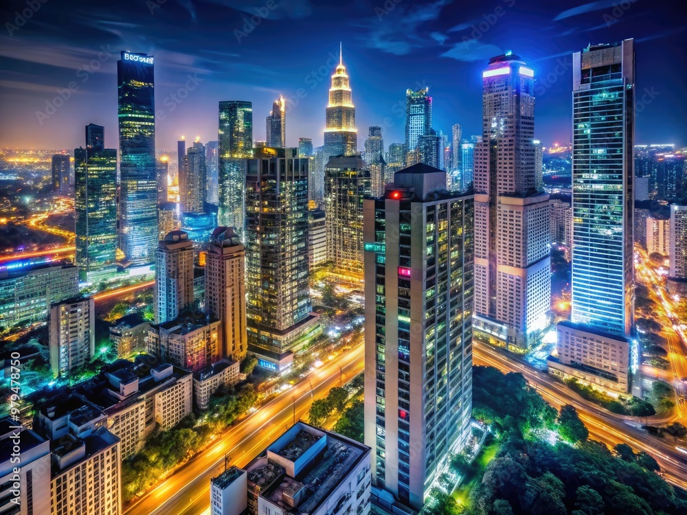 Fototapeta premium NIGHTTIME cityscape urban loft sold modern skyscrapers gleaming city lights fast-paced lifestyle trendy neighborhood vibrant nightlife excitement