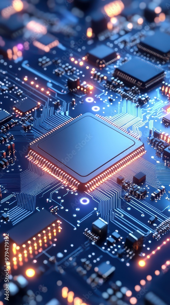 Detailed view of a glowing microchip on a blue circuit board, highlighting modern electronics and semiconductor technology. Detailed view of a glowing microchip on a blue circuit board, highlighting modern electronics and semiconductor technology.