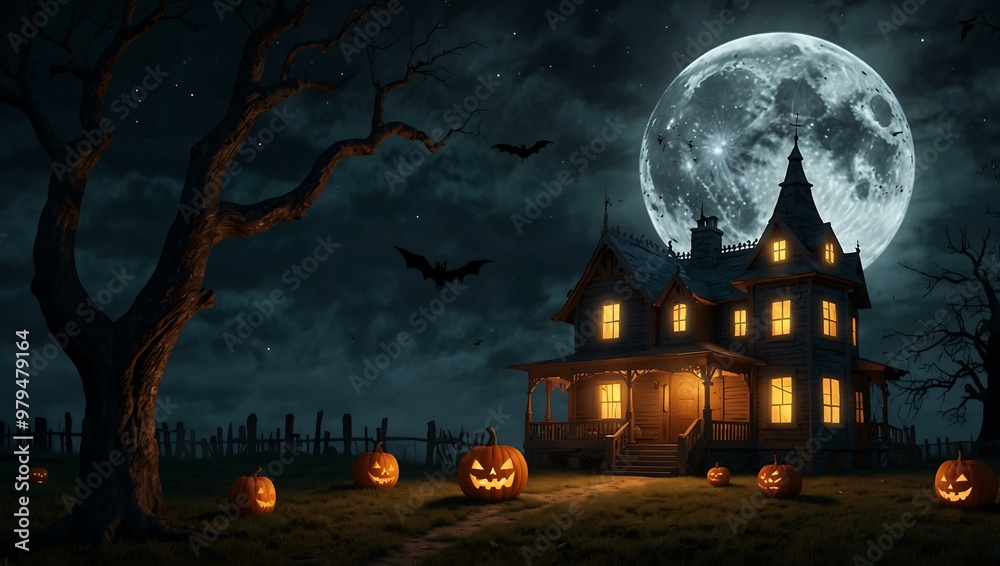 3D render of a Halloween-themed haunted house at night with a large moon. 3D render of a Halloween-themed haunted house at night with a large moon.