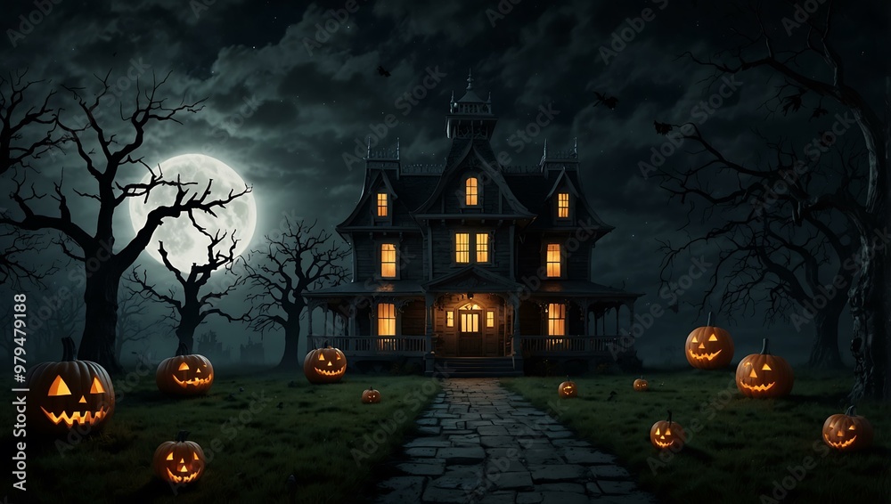 3D render of a Halloween-themed haunted house at night with a large moon. 3D render of a Halloween-themed haunted house at night with a large moon.