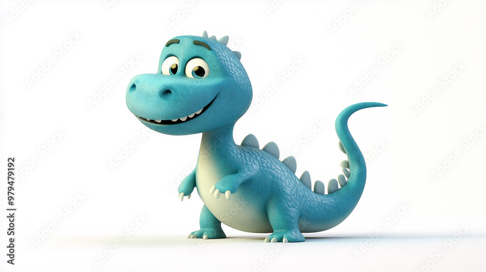 Obraz premium Cute blue cartoon dinosaur character smiling and standing