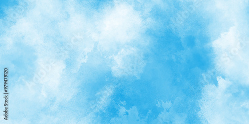 Abstract nature background of romantic summer blue sky with fluffy clouds.  Grunge smooth light sky blue and white shades aquarelle background. Abstract beautiful and soft cloudy blue clouds.