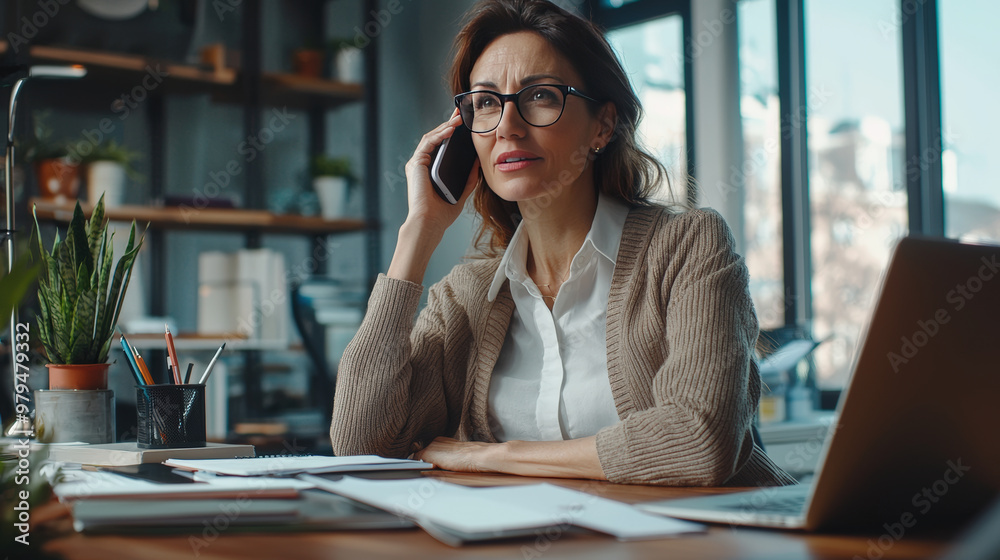 Experienced businesswoman in glasses sitting at her desk, engaged in phone conversation. She appears focused and thoughtful, surrounded by office supplies and laptop