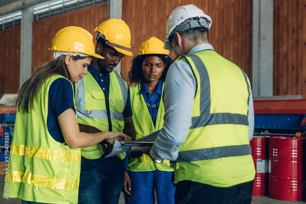 The Manager are taking a safety briefing before work. Implementation of safety culture at Factory. Factory Meeting: Chief Engineer Talking to Colleagues Before Work Day in Heavy Industry The Manager are taking a safety briefing before work. Implementation of safety culture at Factory. Factory Meeting: Chief Engineer Talking to Colleagues Before Work Day in Heavy Industry