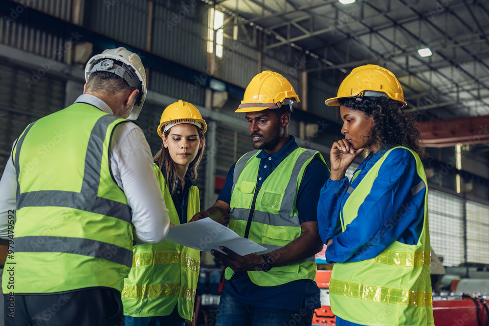The Manager are taking a safety briefing before work. Implementation of safety culture at Factory. Factory Meeting: Chief Engineer Talking to Colleagues Before Work Day in Heavy Industry The Manager are taking a safety briefing before work. Implementation of safety culture at Factory. Factory Meeting: Chief Engineer Talking to Colleagues Before Work Day in Heavy Industry