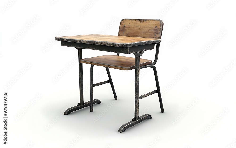 Detailed 3D Model of Traditional Classroom Desk and Chair with Wood and Metal Textures on White Background Detailed 3D Model of Traditional Classroom Desk and Chair with Wood and Metal Textures on White Background