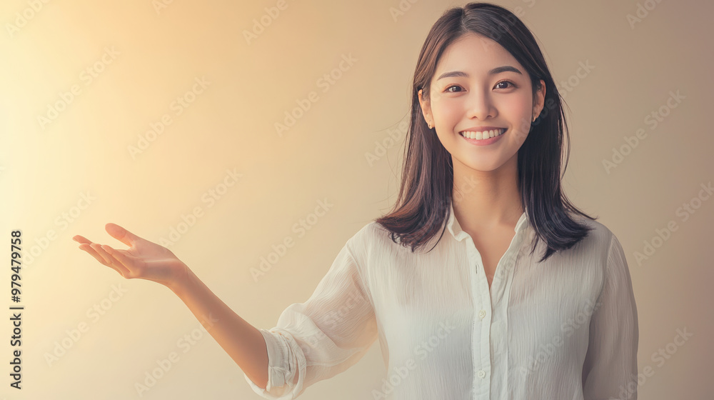 A smiling Asian woman casually dressed is welcoming with an open hand gesture, radiating warmth and positivity in softly lit environment