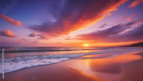 Stunning sunset over the ocean with colorful clouds reflecting on the water for travel photography 