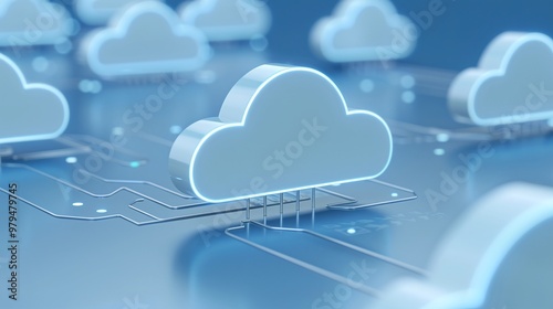 A modern representation of cloud computing with glowing clouds and circuit connections, ideal for technology themes. photo