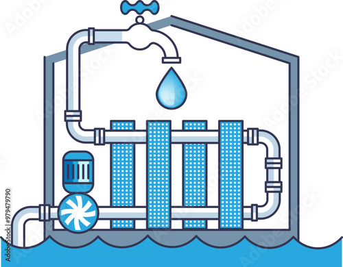 Illustration of a desalination plant with pipes, filters, and a water droplet symbolizing water purification.