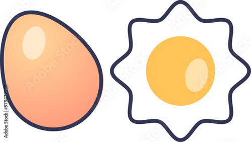 Illustration of a whole egg and a fried egg, symbolizing raw and cooked states.