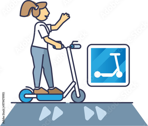 Illustration of a person riding an electric scooter on a dedicated lane, highlighting urban mobility and eco-friendly transportation.