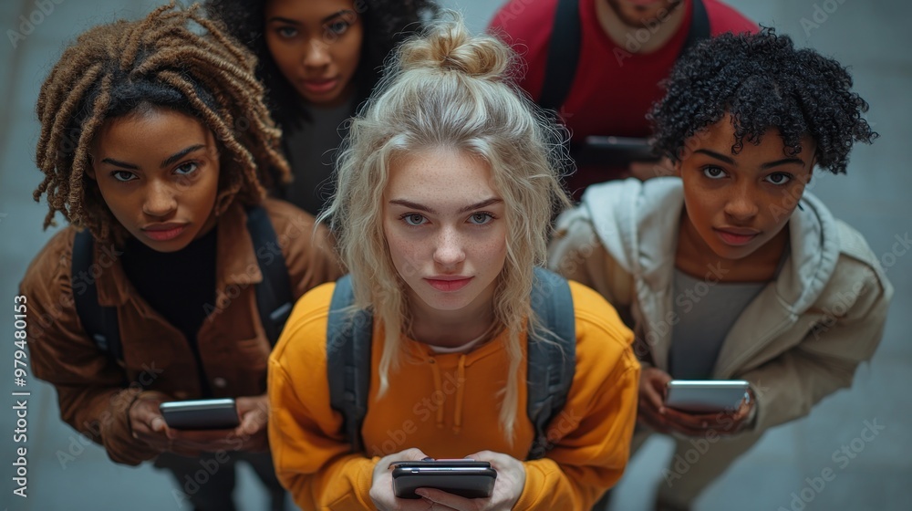 Fototapeta premium Group of diverse friends looking at the camera holding their smartphones, social media, technology, mobile phone, communication