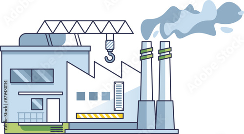 Illustration of a factory building with a crane and smokestacks emitting smoke.
