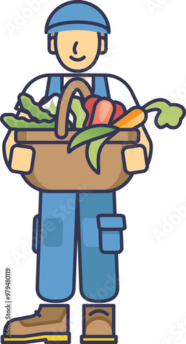 Cartoon farmer in overalls holding a basket full of fresh vegetables, symbolizing harvest and agriculture.