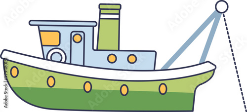 Illustration of a fishing boat side view with a green hull and blue cabin, featuring a fishing net crane.