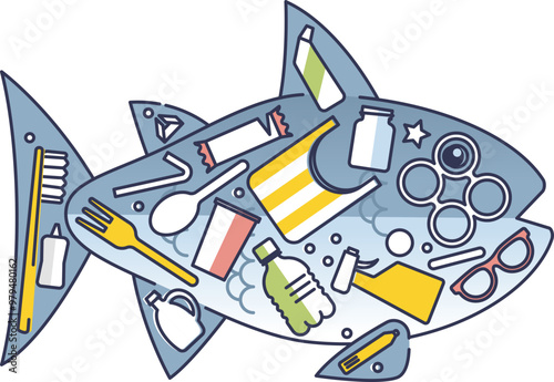Illustration of a fish filled with various types of garbage, symbolizing ocean pollution.