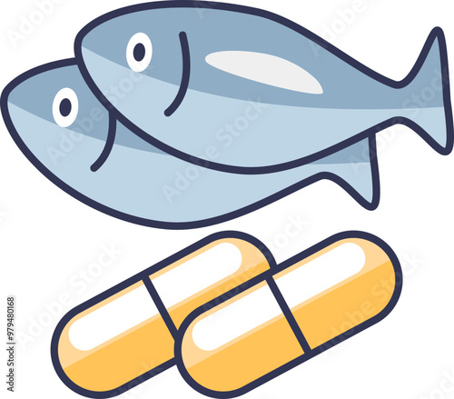 Illustration of two fish and two fish oil capsules, symbolizing the source and supplement form of fish oil.
