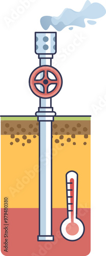 Illustration of a geothermal well with a valve, steam, and a thermometer indicating underground heat extraction.