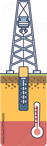 Illustration of a geothermal drilling rig with a drill bit penetrating the earth and a thermometer indicating geothermal energy extraction.