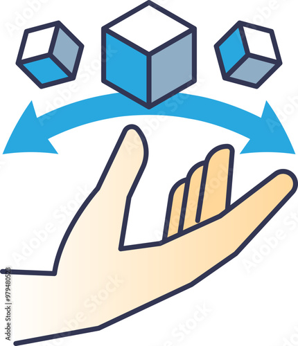 Illustration of a hand interacting with augmented reality content, featuring cubes and arrows symbolizing manipulation and control.