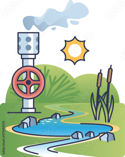 Illustration of a geothermal site with a steam pipe, sun, water stream, rocks, and plants, symbolizing healthy ecosystems around geothermal energy sources.