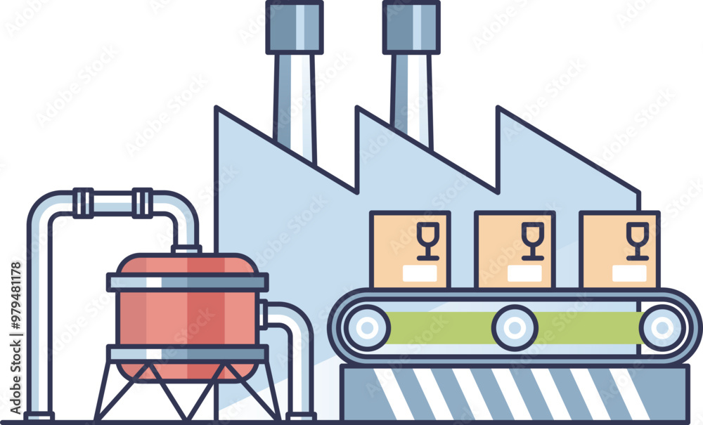Fototapeta premium Illustration of a factory using geothermal steam for industrial processes, featuring pipes, a steam generator, and a conveyor belt with boxes.