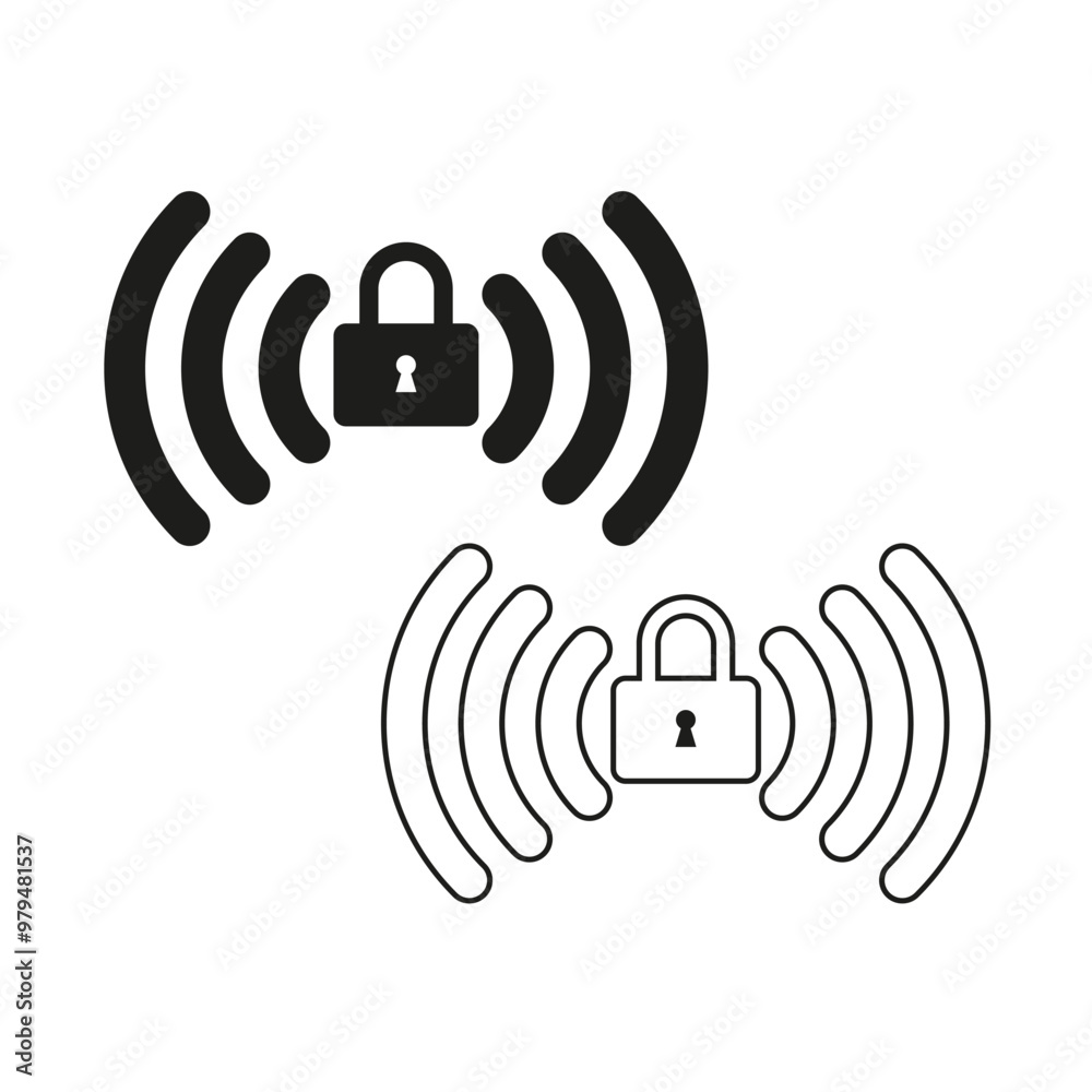 Wireless security icon. Lock and signal symbol. Padlock protection vector. Digital safety illustration. Wireless security icon. Lock and signal symbol. Padlock protection vector. Digital safety illustration.