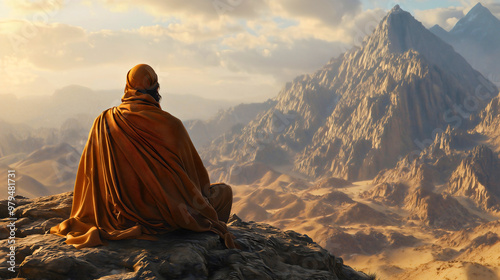 Moses sitting on Mount Sinai, waiting for the Lord to enlighten him and give him the Ten Commandments to write down. This is a biblical event.