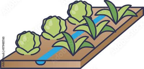 Illustration of irrigated farmland with rows of crops and a water channel.