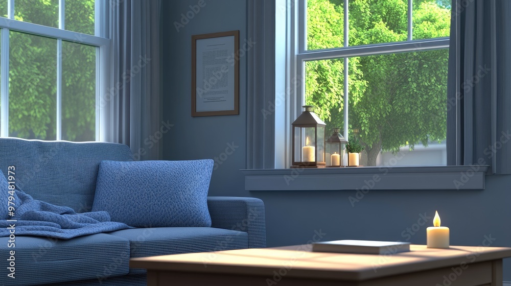 Fototapeta premium This cozy living room features plush pillows, soft blankets, and flickering candles in glass lanterns, framed by a view of nighttime city lights through the window