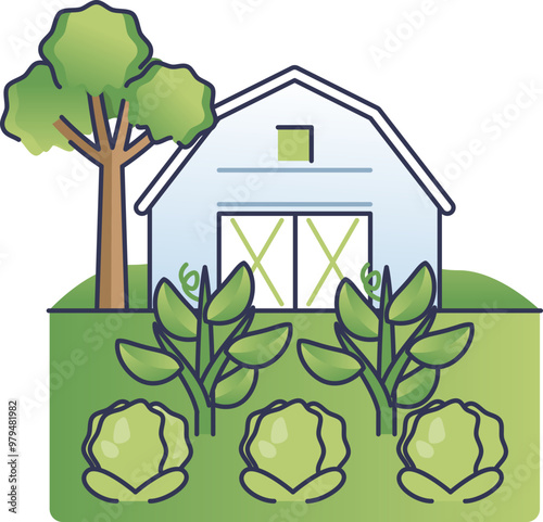 Illustration of a farm with a barn, tree, and vegetable plants, symbolizing organic farming and sustainability.