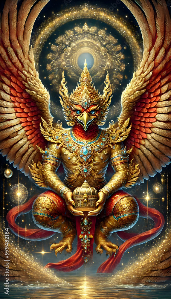 Fototapeta premium Golden Garuda with the Radiant Orb