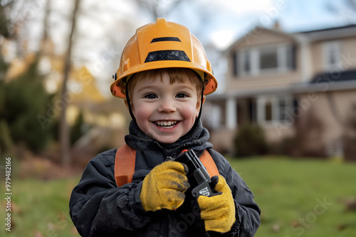 boy dressed like an engineer wears a hat. happy expression In front of the house in the countryside photo