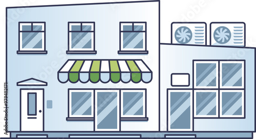 Illustration of a mixed-use building with office, retail, and residential units, featuring large windows, a storefront awning, and rooftop HVAC units.