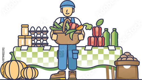 A farmer at an organic market stall with fresh vegetables, eggs, jars, and bottles, symbolizing healthy, local produce.
