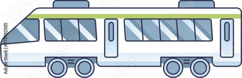 Side view illustration of a modern passenger train car with large windows and a sleek design.